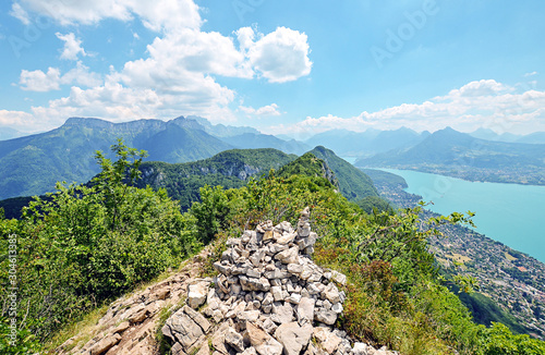 A panoramic view on the Lake Annecy from mont Veyrier to mont Baron hiking track, France photo