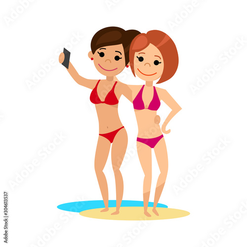 Two girlfriends in a bikini taking selfies on the beach. Cartoon style. Vector illustration.