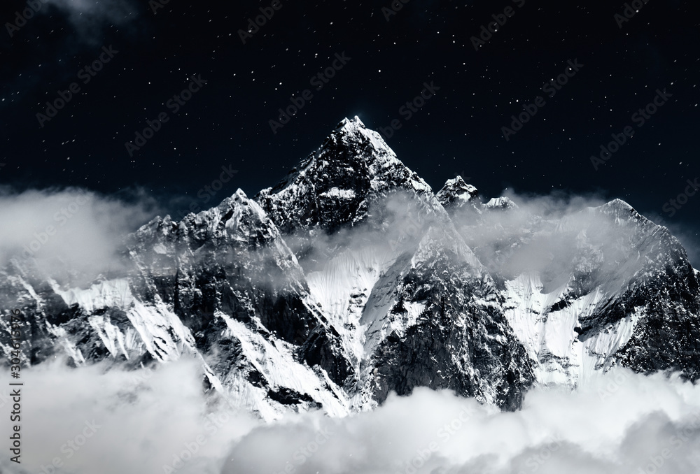 Top of mount in the clouds at night, Nepal - obrazy, fototapety, plakaty 