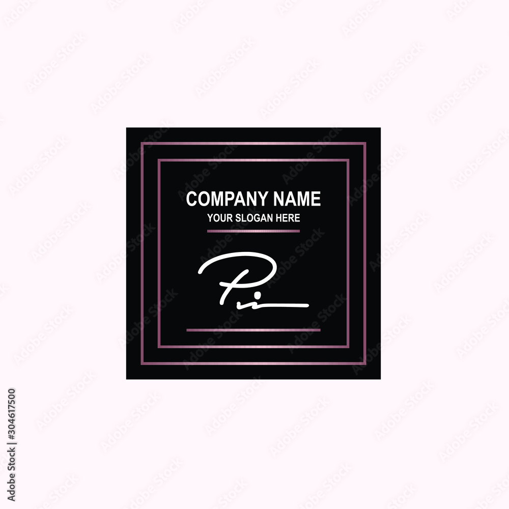 PI Initial signature logo is white, with a dark pink grid gradation line. with a black square background