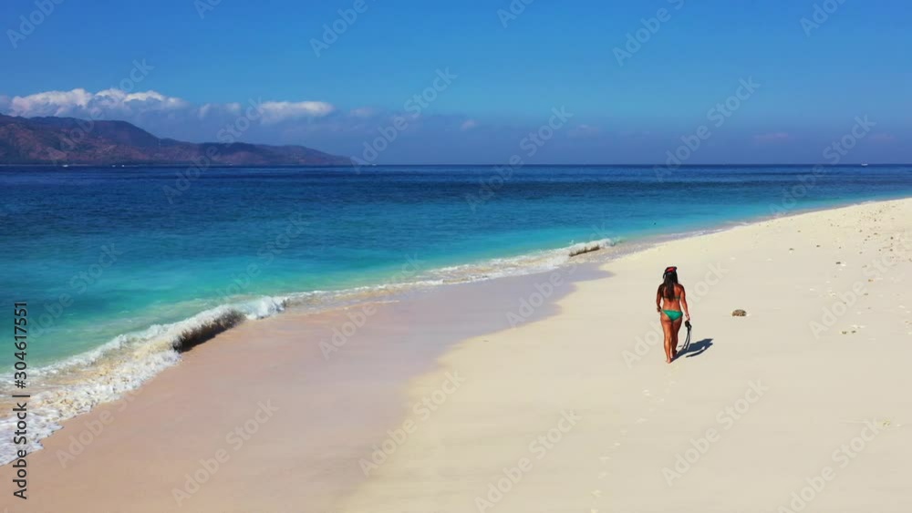 beautiful girl in the bikini walking along the sandy beach with snorkeling mask and fins in the hand. tropical vacation concept beautiful girl in the bikini walking along the sandy beach with snorkeling mask and fins in the hand. tropical vacation concept
