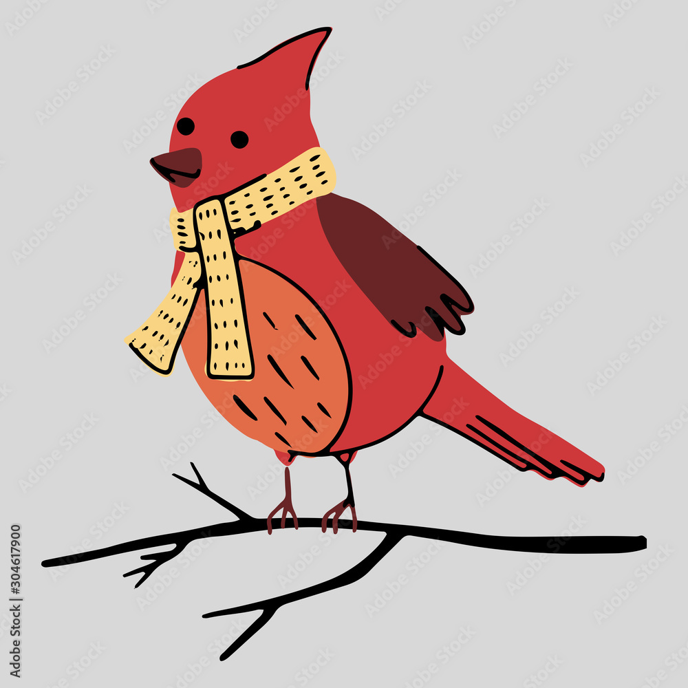 Obraz PrintChristmas cute winter character. Red cardinal bird vector illustration. Perfect for xmas cards, posters, print, wrap paper and souvenir decor