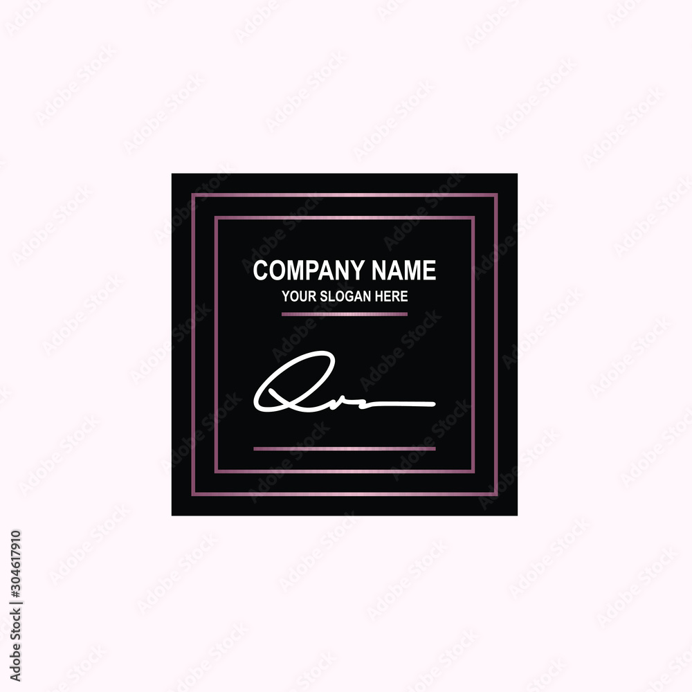 QR Initial signature logo is white, with a dark pink grid gradation line. with a black square background