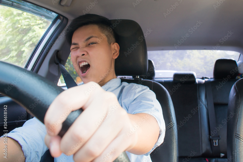Young Asian people are shocked when driving in a car accident, traffic accident.