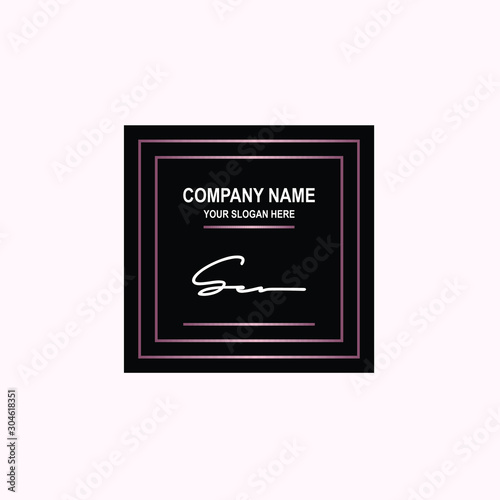 SE Initial signature logo is white, with a dark pink grid gradation line. with a black square background