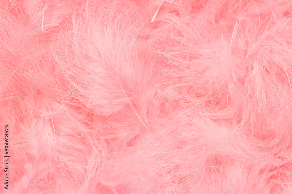 Beautiful coral pink trendy feather texture background. Soft and gentle pattern. Bohemian boho style.