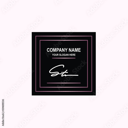 ST Initial signature logo is white, with a dark pink grid gradation line. with a black square background