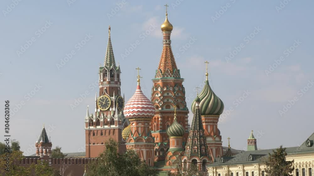 Moscow Red square. St Basils cathedral and Spasskaya tower.