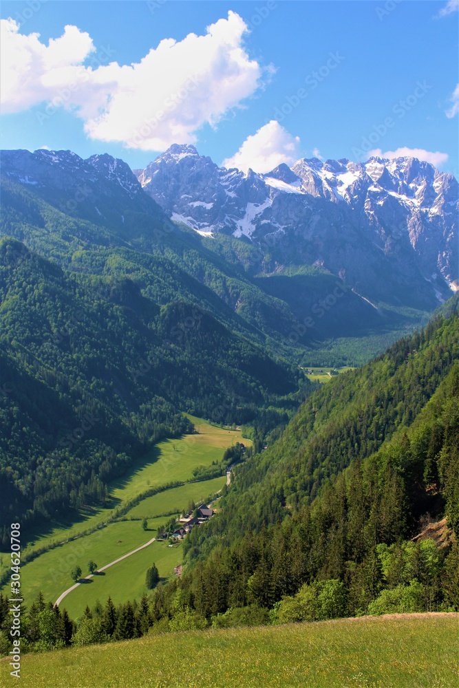 Scenic view from above to Logar valley (Logarska Dolina) in Slovenia. A Paradise for hiking