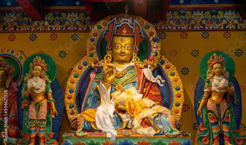 Buddha images in traditional Tibetan style in Khumjung monastery inside Sagarmatha National Park, Nepal. 