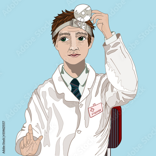 Serious and focused doctor ENT, with a sleek round mirror on his head, prepares to receive a patient, color vector illustration