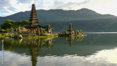 morning sunshine on pura danu bratan temple in bali