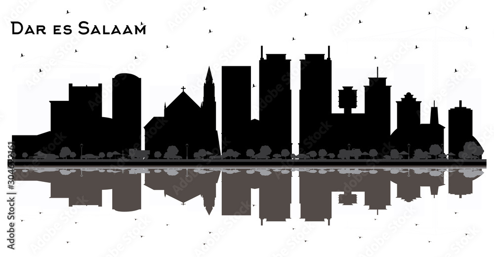 Dar Es Salaam Tanzania Skyline Black and White Silhouette with Reflections.