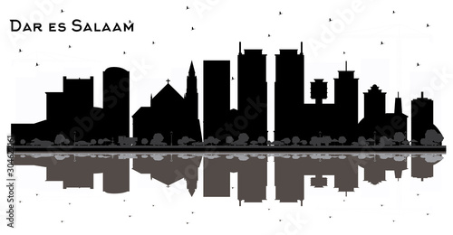 Dar Es Salaam Tanzania Skyline Black and White Silhouette with Reflections.