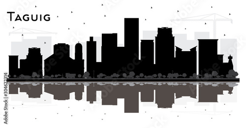 Taguig Philippines City Skyline Black and White Silhouette with Reflections.