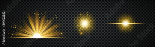 Valokuva Three different burst or flash effect bright golden lights isolated on a black b