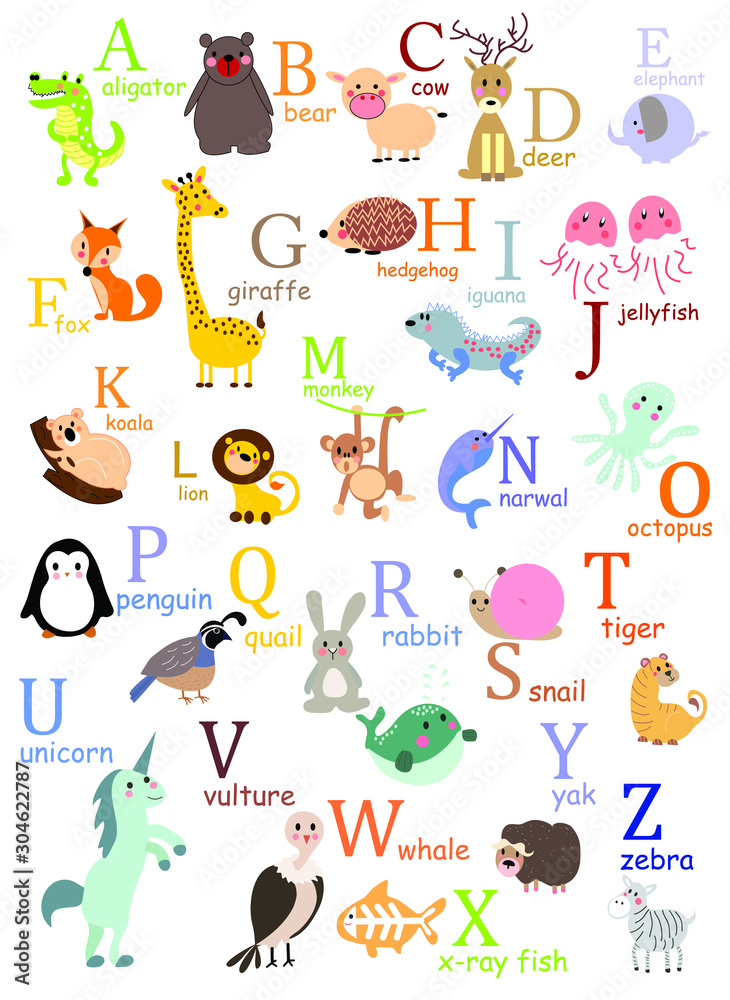 Alphabet animals cartoon print graphic vector artwork for kids