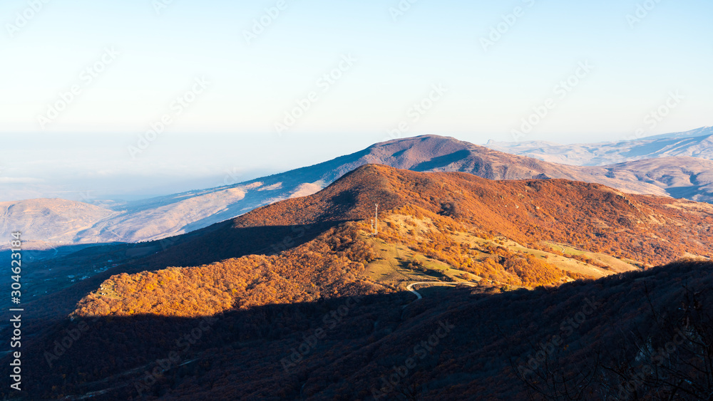 Naklejka premium The top of the mountain covered with forest at sunset
