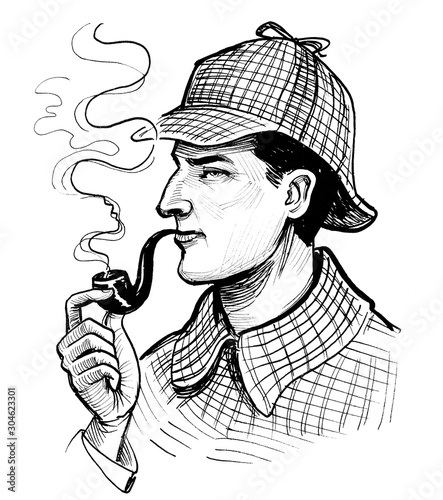 Foto Sherlock Holmes smoking a pipe. Ink black and white drawing