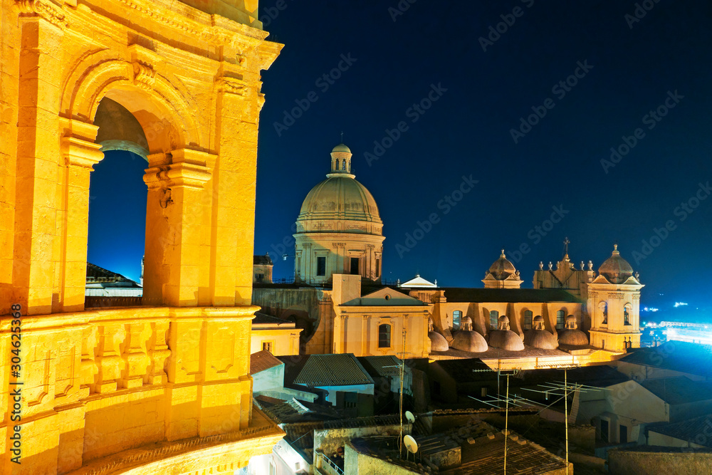 Noto Cathedral Seen From Montevergini Church By Night.  (Siracusa , in Sicily) 