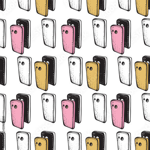 Seamless patterns of Smartphones. Electronic devices. Pink and gold phone case. Smartphone doodle vector illustration.