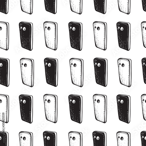 Smartphones seamless patterns. Electronic devices. Linear and silhouette mobile phones. Smartphone doodle vector illustration. Social media concept. Black and white