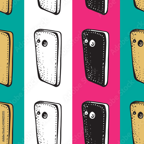 Smartphones seamless patterns. Electronic devices. Linear and silhouette mobile phones. Smartphone doodle vector illustration. Social media concept.