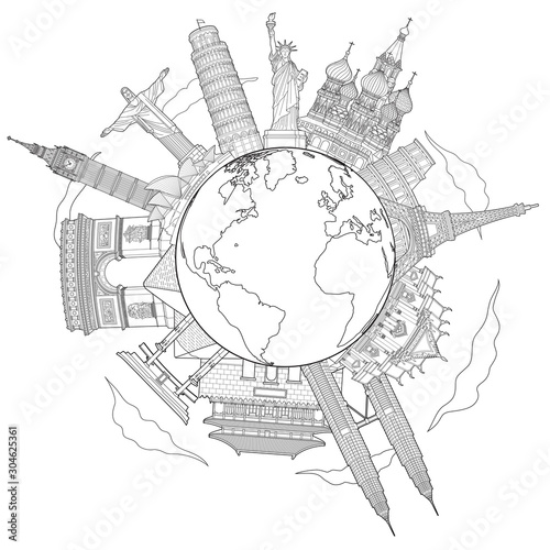 Around the world travel famous landmark doodle art drawing sketch style vector illustrations..
