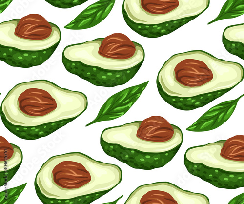 Seamless pattern with avocado halves and leaf on a white background. Ingredients for Guacomole. Keto diet. Vector texture for wallpaper, fabrics, wrapping paper and your design.