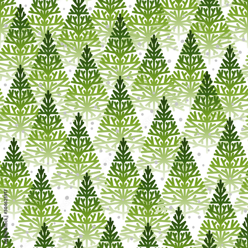 Seamless pattern with green Christmas trees forest on white background
