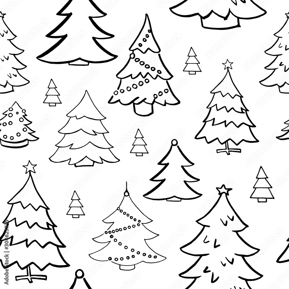 Christmas tree doodle pattern. Hand drawn fir trees on transparent backdrop. Seamless vector background. Winter elements for design. Winter theme. Christmas and New Year. Christmas tree doodle pattern. Hand drawn fir trees on transparent backdrop. Seamless vector background. Winter elements for design. Winter theme. Christmas and New Year.