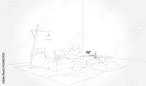 Linear sketch of an interior. Living room plan. Sketch Line sofa set. Vector illustration.outline sketch drawing perspective of a interior space.