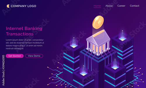 Online internet banking transaction, isometric finance concept vector. Bank building with gold coin on pedestal and traffic connections with servers or data center, finance website landing page