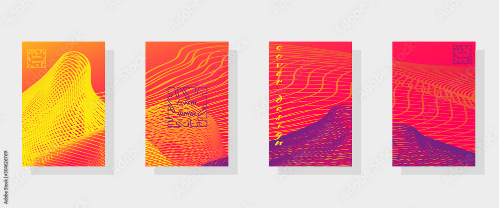 Set of banner templates with abstract outer space pattern in bright pink, blue and gold neon colors. Vector drawing for the design of invitations, advertising, business cards, web banner.