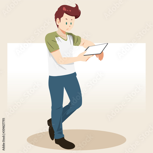 Boy standing and reading ebook. Book lover, reader, isolated on background. Flat cartoon vector illustration.