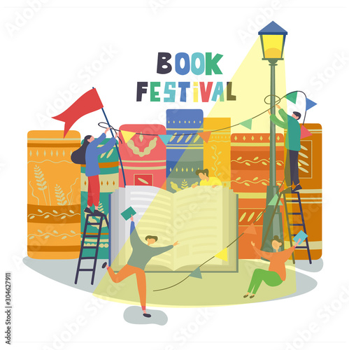 Book festival poster design with people celebrating and putting up promotional bunting and flags above an open book against a background of book spines with colorful text above, vector illustration