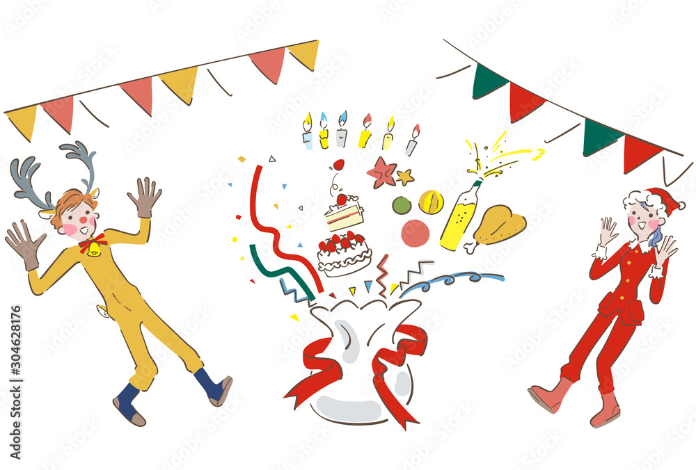 サンタクロースとトナカイのコスプレではしゃぐ男女 イラスト Stock Vector Adobe Stock