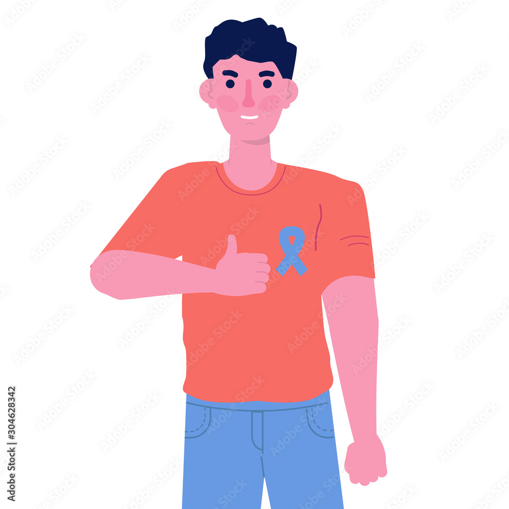Blue ribbon on character man chest to support prostate cancer cause. Vector illustration. Blue ribbon on character man chest to support prostate cancer cause. Vector illustration.