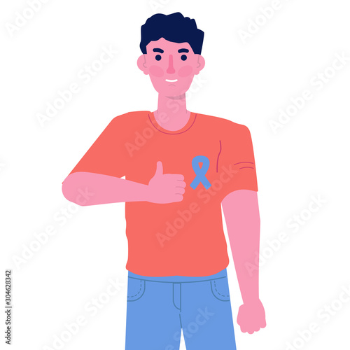 Blue ribbon on character man chest to support prostate cancer cause. Vector illustration.
