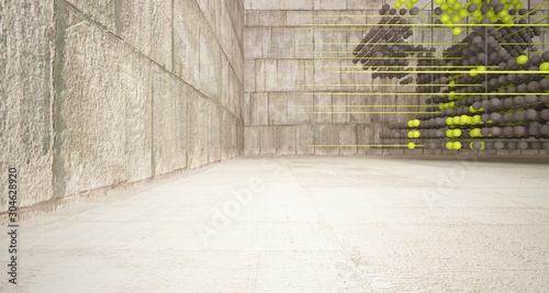 Abstract architectural concrete interior from an array of green spheres with large windows. 3D illustration and rendering