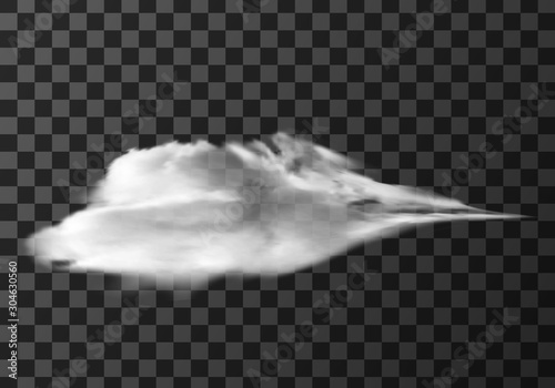 White cloud, weather meteo icon realistic vector illustration. Fluffy cumulus cloud, isolated on transparent background. Realistic element for weather forecast