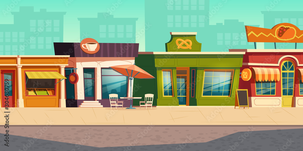 Urban street landscape with small shops and residential buildings in  background, cartoon vector. Cityscape with pavement, facades of cafes,  restaurant and bakeries, town poster Stock Vector | Adobe Stock