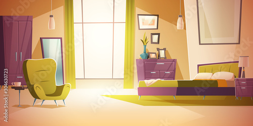 Bedroom interior cartoon vector illustration. Comfortable living room interior with double bed, wardrobe, mirror and nightstand with lamp, cozy house inside, apartment with furniture background
