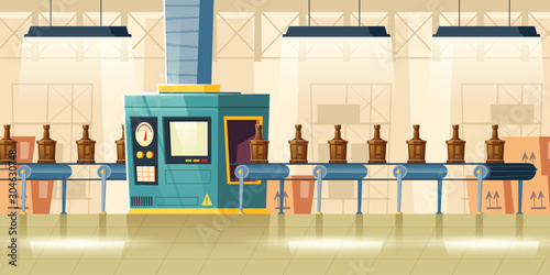 Glass bottles on conveyor belt, cartoon vector illustration. Factory room or plant interior with moving production line and alcohol glass bottles on it, manufacture background