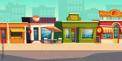 Fototapeta Miejski krajobraz ulicy z małymi sklepami i budynkami mieszkalnymi w tle, kreskówka wektor. Pejzaż miejski z chodnikiem, fasadami kawiarni, restauracji i piekarni, plakat miasta