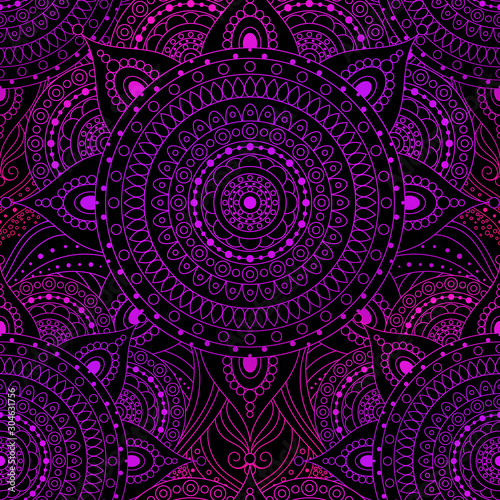 Seamless pattern, laced pattern with gradient pink and violet mandala on black background. Gypsy, ethnic boho design, Indian or Arabic motifs, arabesque.