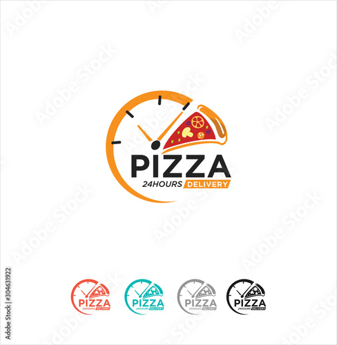 Pizza Time Logo Design Vector Stock  . Pizza delivery logo Illustration . pizza 24 hours Logo . Pizza fast food sign icon
