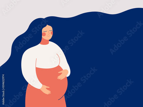 Young woman expecting a baby. Pregnant woman holds her hands on her stomach with care and love. Medical and healthcare vector illustration