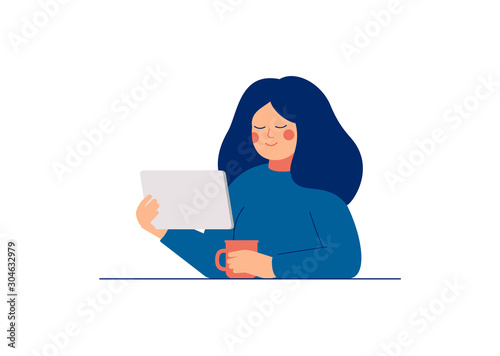 Young woman watching video on the tablet pc and drinking coffee. Female user of social media networks. Girl spending time online at home or at work. Vector illustration