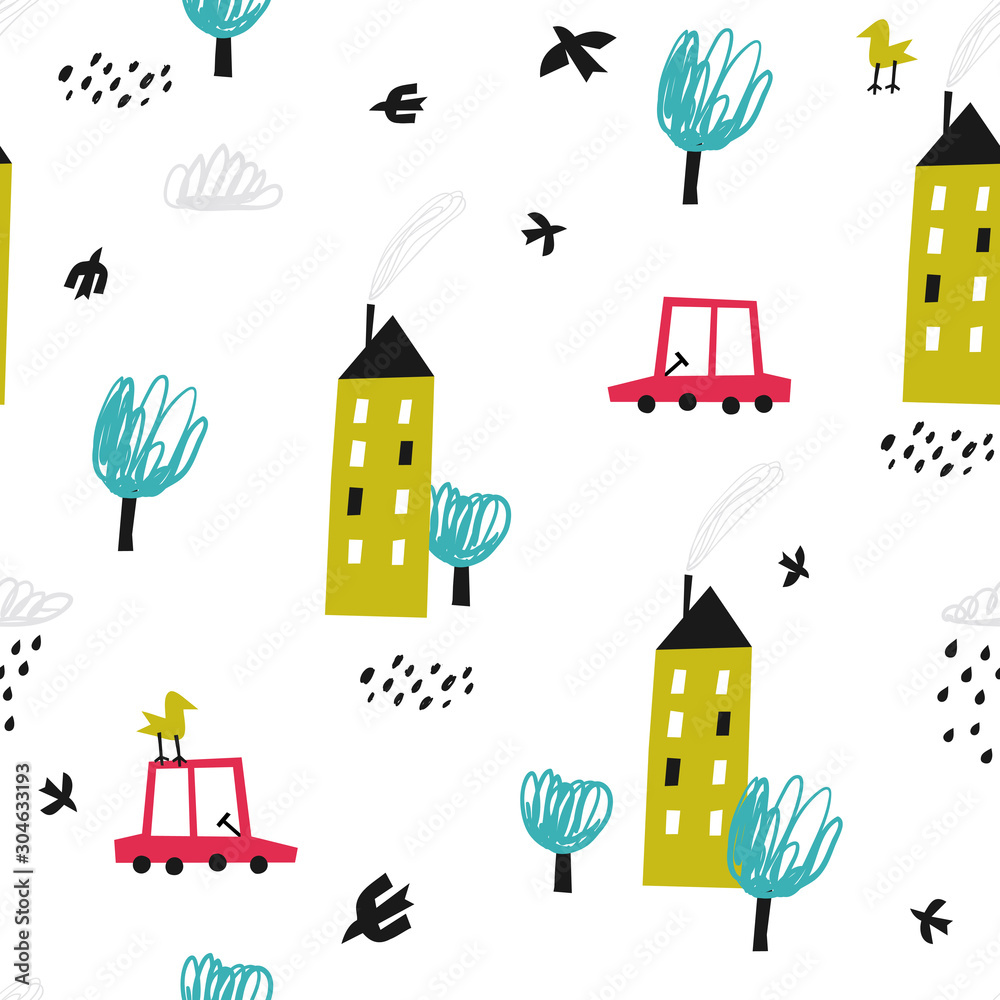 Cute seamless pattern with houses, cars and trees. Toy city. Vector background.